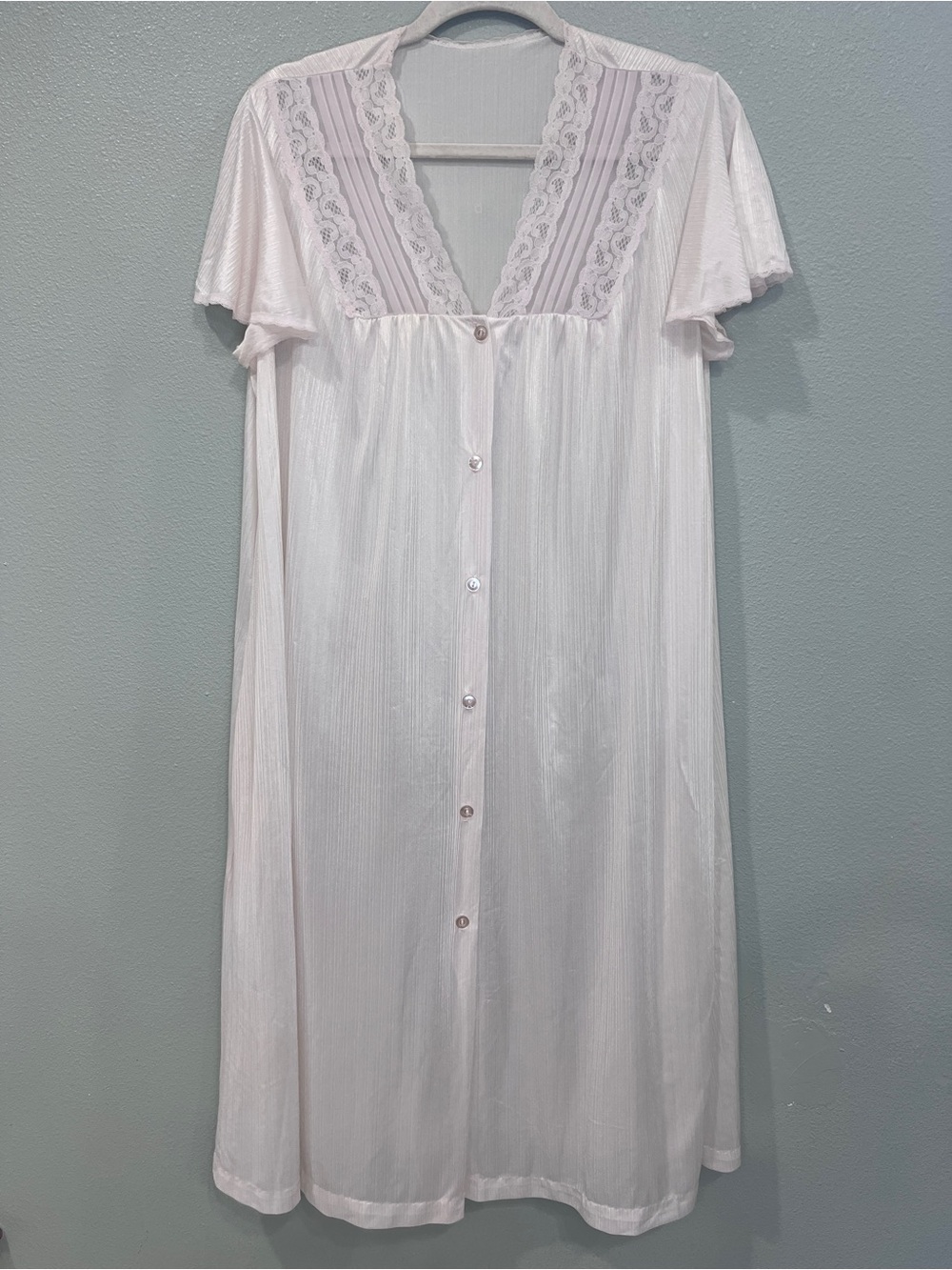 Vintage Pink Sheer Nightgown Robe Lace Button Front Flutter Sleeve 40” Lingerie